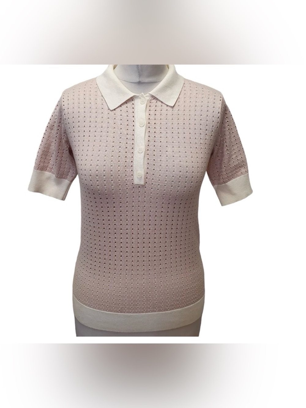 Stylish Mango pink and cream short sleeve polo top for women, size L.